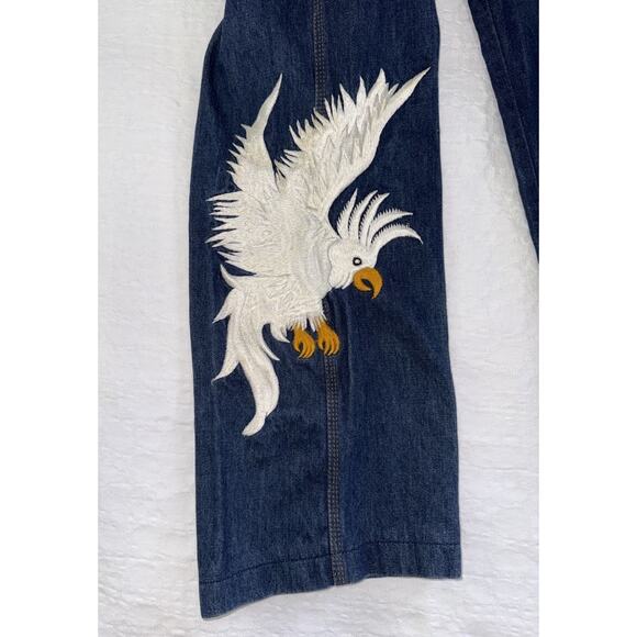 Vik Vizette Vtg 1970s Denim Jeans Embroidered Cockatoo Hippie Bell Bottom Sz 36 - Picture 1 of 16